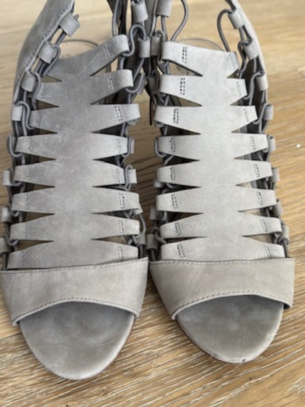 Vince Camuto Taupe Grey Gladiator Caged Lace-upblock heel sandals